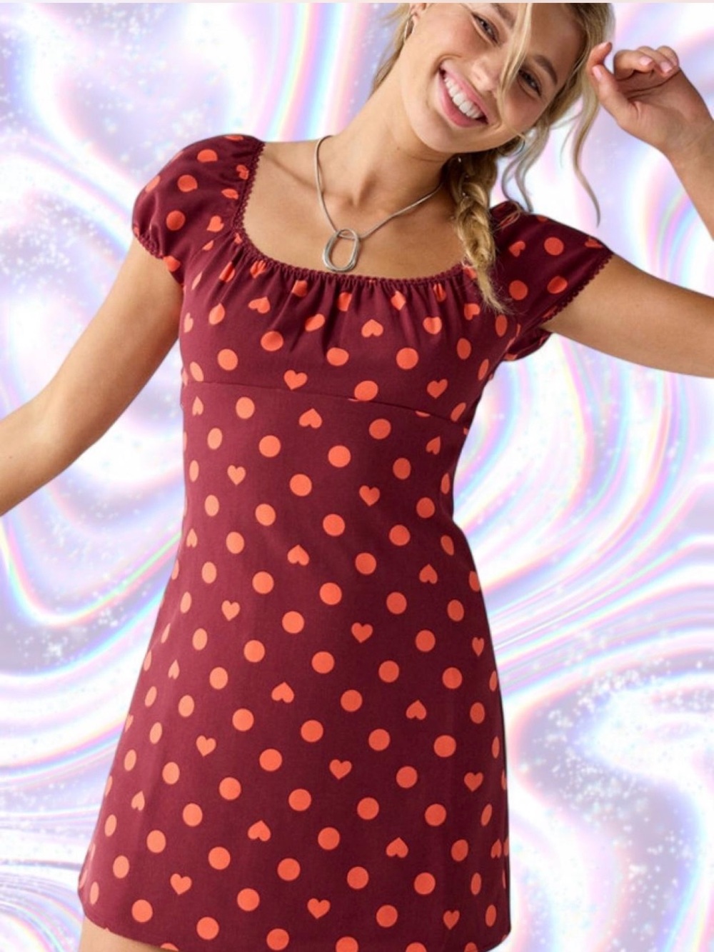 Kimchi Blue Burgundy Mini Dress with Coral Dot & Heart Print